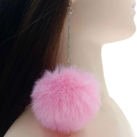 Faux Fur Ball Fluffy Earrings Women Christmas Gift Winter Warm Long Pink Pom Pom Earrings for Girls