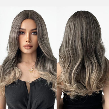 Factory Fast Delivery Synthetic Wigs Long Wavy Gray Brown Natural Hair Wigs for Women Wigs Heat Resistant Fiber Hair