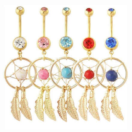 PVD Gold Plated Hollow Nets Pendant Turquoise Navel Ring Stainless Steel Barbell Leaves Belly Button Ring Women Piercing Jewelry