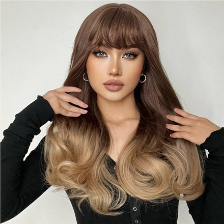 Fast Delivery Synthetic Ombre Brown to Blonde Wigs Natural Blonde Wavy Hair Wig for Women Orange-brown Wigs with Bangs