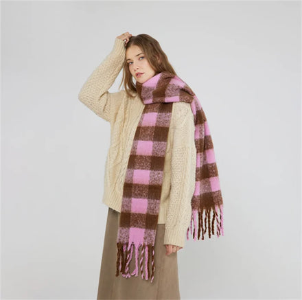S9761 Checker Block Design Scarfs Ladies Women's Cashmere Big Coloured Checked Wrap Scarf Warm Winter Scarf with Fringes