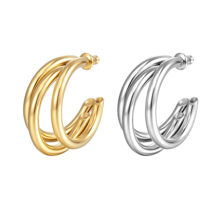 Women Hollow Triple Hoops C-shaped Multilayer Earrings Geometric Texture Strand Split Hoop Earrings Gold Plating Fashion Earring