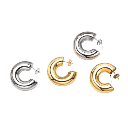 Chunky Round Thickened Titanium Hollow Earrings Post Thick Huggie C-Earrings Half-Round Hoop Earrings in Gold White Gold Plating