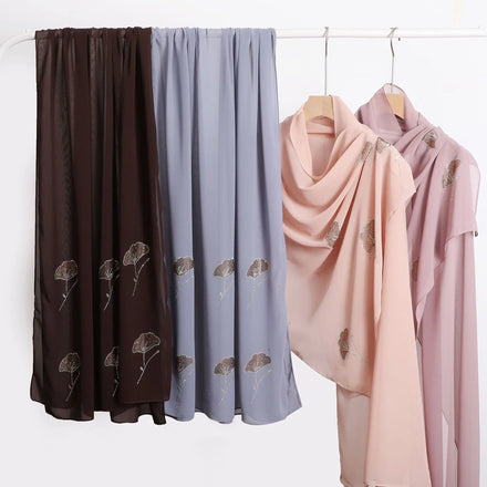Premium Ethnic Wholesale Czech Rhinestone Embellished Breathable Solid Color Chiffon Long Hijab for Women Evening Wear