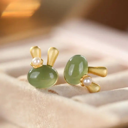 925 Silver Needle Korean Exquisite Imitation Jade Cute Rabbit Earrings Shiny Zircon Diamond Earring Luxury Drop Earrings