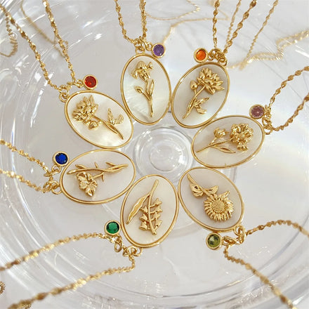 Vintage December Flower Oval Female Shell Necklace December Female Birthstone Birth Flower Pendant Necklace