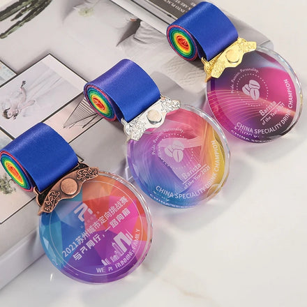 Custom Laser Engraved Crystal Award Medal with Ribbon Gift Box for Sports Competition Events