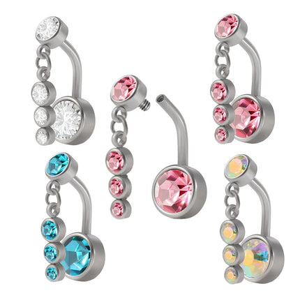 Fashion Women Jewelry 316L Stainless Steel Internally Thread Double Gem Dangle Navel Piercing Dangling CZ Belly Button Rings