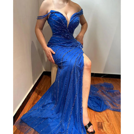 Blue Mermaid Beaded High Split Evening Dresses Serene Hill LA71663 Sleeveless Elegant Party Gowns for Women Rts
