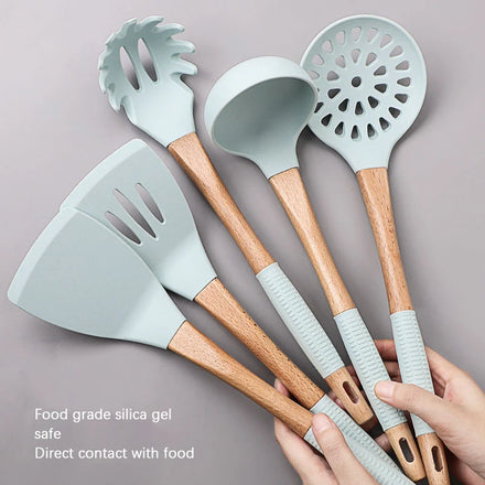 No Harm to Nonstick Coating Silicone Cooking Utensils with Wood Handle