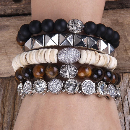 Women Custom Jewelry Natural Gemstone Crystal Glass Bracelet Wood Spacer Cz Ball Alloy Rhinestone Elastic Men Stack Bracelet Set