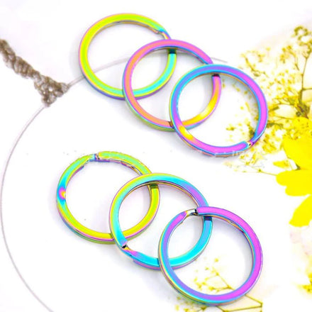 30mm Metal Rainbow Anodized Flat Round Split Key Rings with Logo for Key Chain