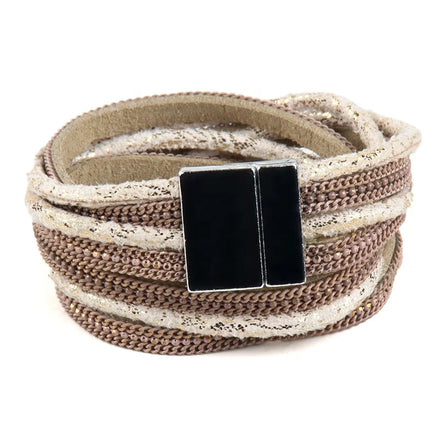 Fashion Beautiful Women 2 Strands Jewelry Leather with Alloy Rhinestone Magnetic Clasp Wrap Bracelet