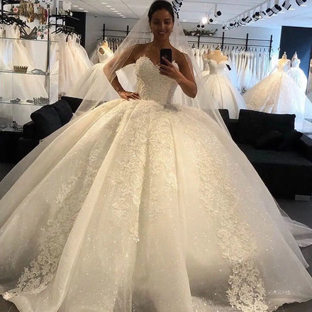Tulle Lace Appliques Off the Shoulder Bridal Gown Sparkling Princess Elegant Sweetheart Beading Ball Gown Wedding Dresses MW92