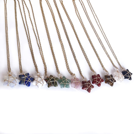 New Design Winding Copper Wire Star Shape Gemstone Pendant Necklace Healing Crystal Energy Reiki Necklace for Women Gift