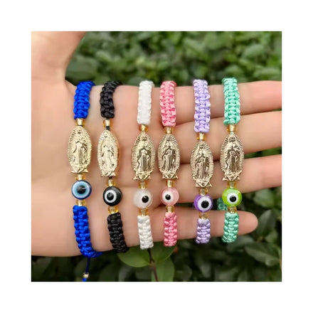 Ins Evil Eye Rope String Braided Gold Plated Adjustable Length Unisex Religious Catholic Our Lady Virgin Mary Charm Bracelet