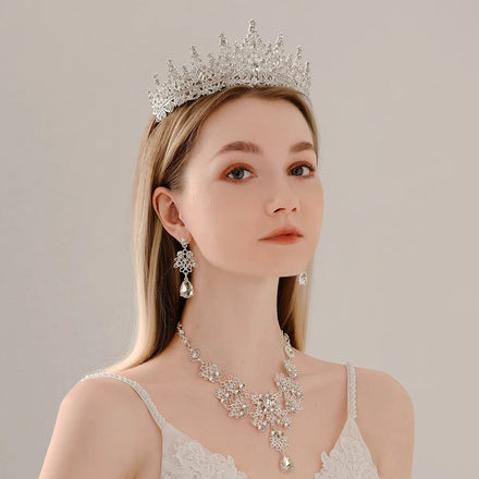 Miallo 4Pcs/set Fascinator Tiara Rhinestone Wedding Headband Bridal Crown Necklace Earrings Set for Women Party