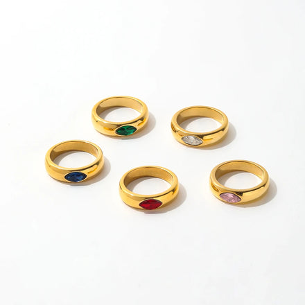 Joolim Jewelry Wholesale 18K Gold Plated Green Red Green Pink Eye Zirconia Stainless Steel Rings for Women Dainty Rings