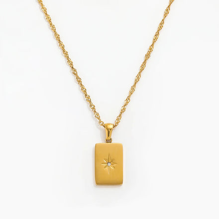 Fenny PVD Plated Trend Rectangle Eight Pointed Star Zircon Burst Pendant Necklace Stainless Steel Jewelry Wholesale
