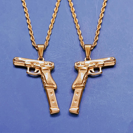 Trendy Necklace Stainless Steel 18k Gold Plated Rose Gun Pendant Rope Chain Men Hiphops Hand Gun Pendant Maxi Necklace