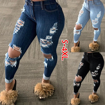 S-4XL Popular Distressed Tassel Pants With Pockets Street Jeans Leggings Women Denim Ripped Destroyed Pants