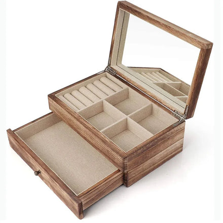 Jewelry Box Organizer for Women 2 Layer Large Jewelry Storage Case Rustic Wooden Jewelry Box with Mirror & Ring Tray for Ring