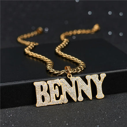 Extra Large Custom Name Pendant Necklace for Women Men Stainless Steel Zircon Stones Gold Plated Link Chain Anniversary Gift