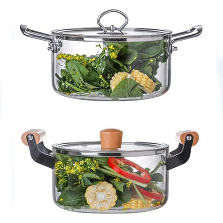 Reusable High Borosilicate Thickened clear Two Ear Health Pot Saucepan Soup Glass Pot with Wood Handle and Stainless Steel