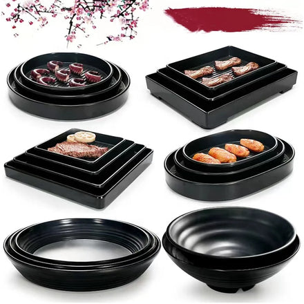 Hot Sale BBQ Restaurant Rectangular Round Meat Tray Custom Print Black Dinner Dish Melamine Plates Square