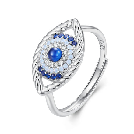 925 Sterling Silver Blue Zircon Devil's Eye Open Ring Lucky Adjustable Ring for Women Fashion Jewelry Wedding Party Gift BSR378