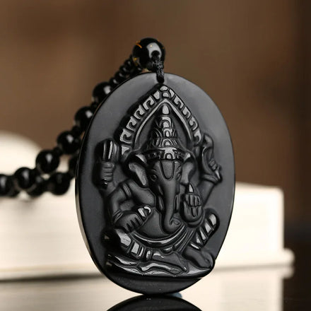 Fashion Obsidian Carved Ganesha Elephant Pendant Necklace for Women Men Lucky Health Wealth Beads Chain Necklace Amulet