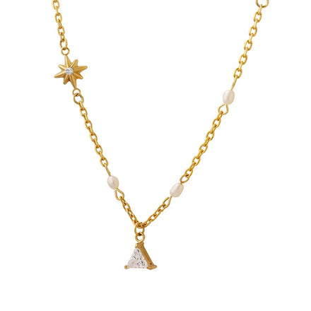 Stainless Steel 18K Gold Plated Chain Link Freshwater Pearl Fashion Temperament Triangle Zircon Necklace Jewelry