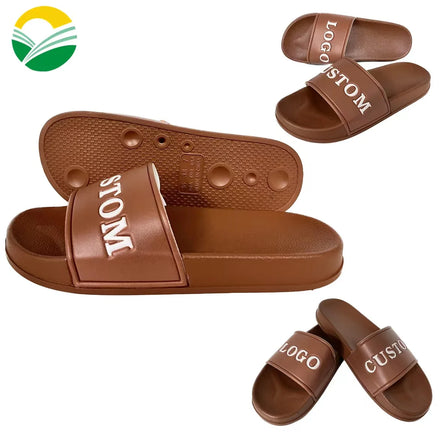 Unisex Summer Spring Autumn Embossed 3d Rubber Logo Plain Slide SandalBrown Pvc Men and Women Custom Logo Slides Sandals