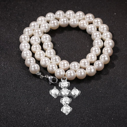 Luxury Fashion Mens Artificial Diamond Jewelry Cz Cross Pendant Pearl Necklaces Imitation 8mm Single Strand Pearl Necklace