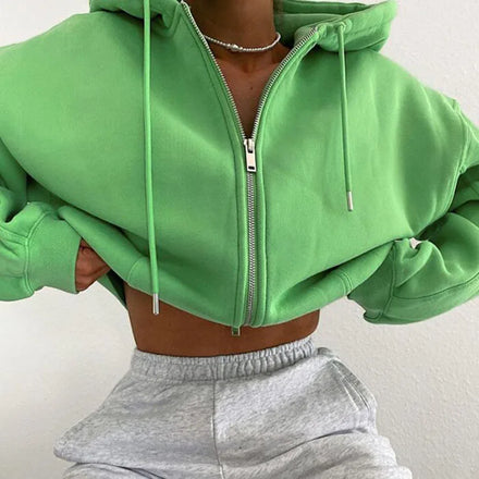 Wholesale Autumn Hood Tops Solid Color Custom Womens Green Loose Cardigan Front Zipper Short Hoodies for Woman