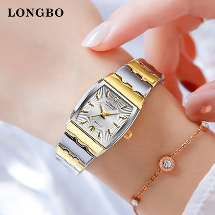 LONGBO Women Luxury Watch 2026 Men Stainless Steel Quartz Women Wrist Watch Latest Fashion Quartz Small Gold Watch Gift Box Set