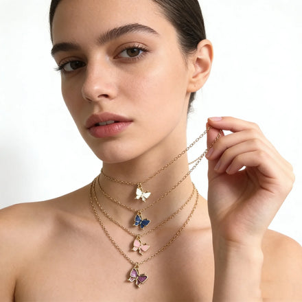 2026 Hot Selling 4 Colors butterfly Necklace White Blue Purple pink Colors butterfly Brass Chain 18K Gold Plated Women Necklace