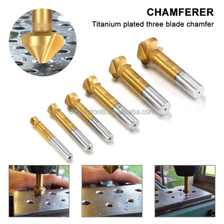 6Pcs HSS 90 Degree 3-Flute Countersink Drill Bit Set Titanium Coated Fully Ground Chamfer Cutter for Metal Wood Deburring