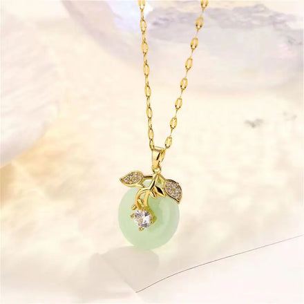 Trendy Lucky Round Light Green Jade Necklace Jewelry Stainless Steel Chain Gemstone Leaf Flower Necklace Jewelry