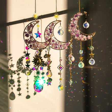 Moon Amethyst Crystal Suncatcher Hanging Aurora Gemstone Sun Catchers Rainbow Maker Window Prism Housewarming Gift Boho Decor