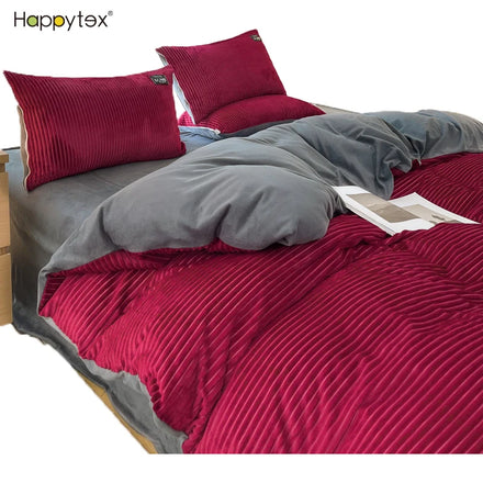 Super Cozy Coral Fleece 4 PCS Patchwork Cartoon & Plant Design Folded Bedding Set Fluffy Duvet Cover Winter