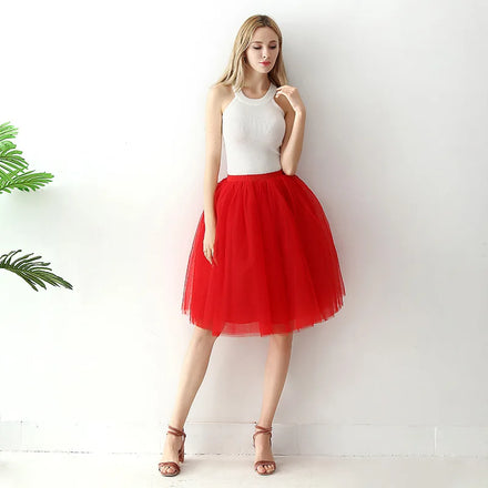 Adult White Tulle Tutu Skirt with 5-Layer Pleated Net Yarn 65 cm Puff Red Tutu Skirt Christmas Ballet Petticoats for Girls