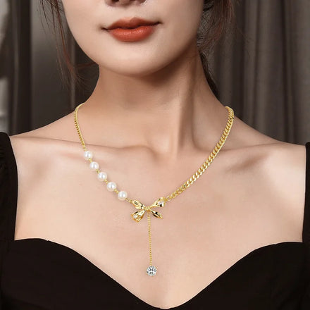 Fashion Zircon Bow Pendant Women Stainless Steel Necklace Inlaid Diamond Gold Plated Pearl Necklace for Female