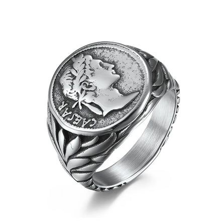 Vintage Roman Empire Caesar the Great Head Ring Stainless Steel Hip Hop Coin Caesar Figure Signet Ring for Men