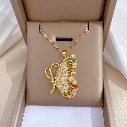 72 Designs Dainty Diamond Zirconia Heart Clover Butterfly Pendant Necklace 18k Gold Plated Stainless Steel Necklace for Women