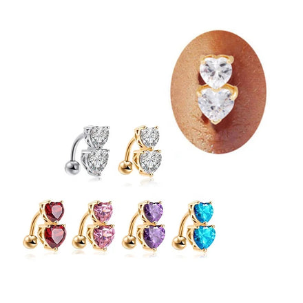 Fashion Women Navel Piercing Jewelry Double Love Zircon Navel Ring Gold Plated Peach Heart Belly Button Ring