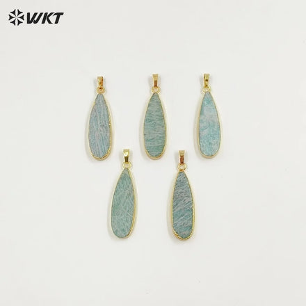 WT-P1889 Wholesale Fashion 18k Real Gold Plated Double Flat Natural Amazonite Pendant Fashion Long Waterdrop Stone Pendants