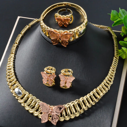 New Arrival 18k Gold Plated Classic Butterfly Necklace Earrings Ring Bracelet Bridal Jewelry Sets for Women Party Wedding