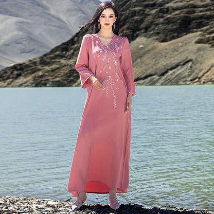 EID Robe Abaya Rhinestone Pink Women Islamic Clothing Abaya Turkish Kaftan Abaya Dress for Muslim Women