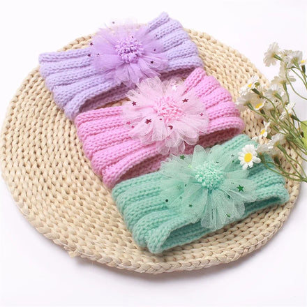 Wholesale Winter Knitted Hairband Printed Warmer Wool Accessories Headband Flower Hairbands for Baby Girl